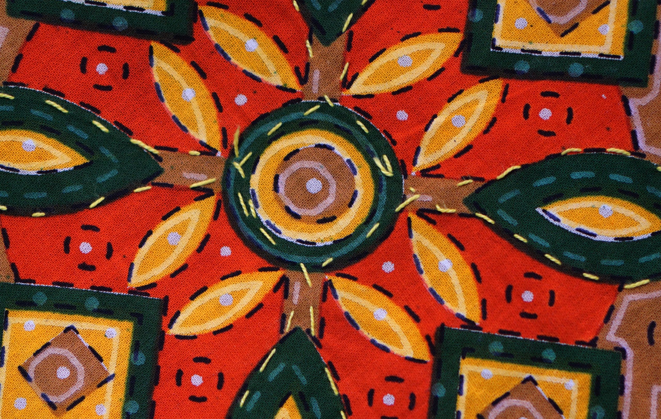 Close-up embroidery detail on Indian cotton fabric