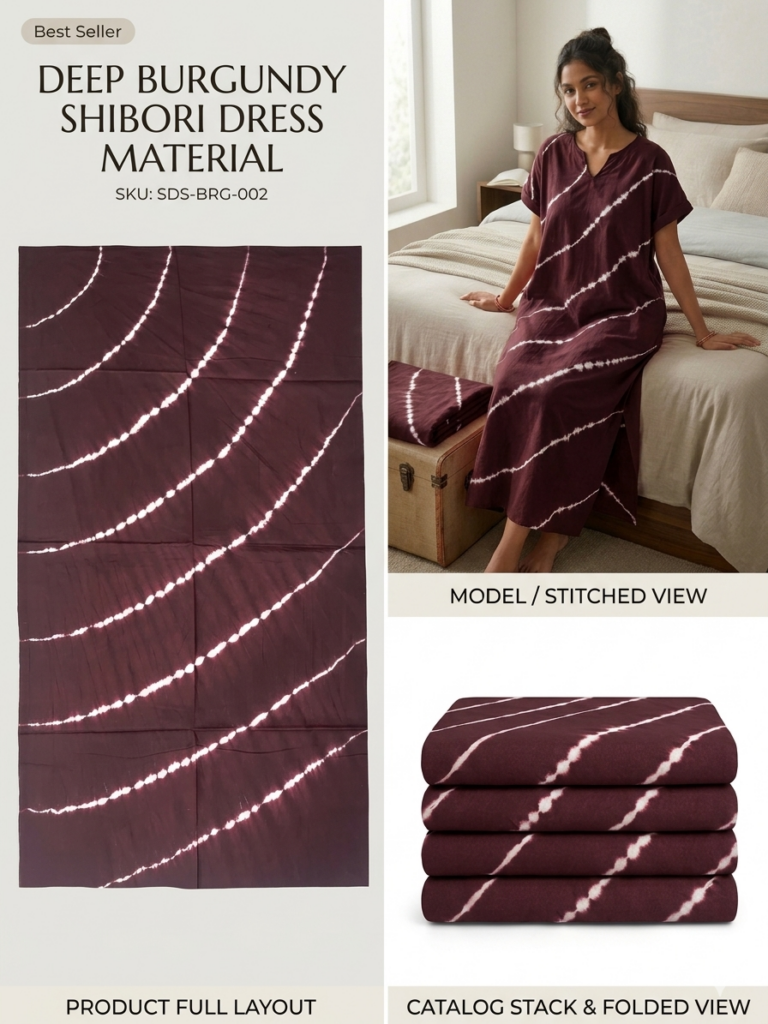 STYLE BY HEENA Wine Burgundy Shibori Cotton Nighty Fabric for Women | 3 Meter Unstitched Dress Material