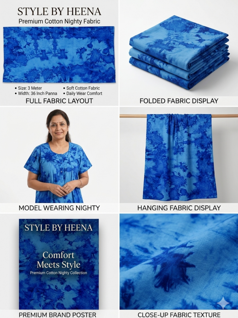 STYLE BY HEENA Royal Blue Marble Shibori Cotton Nighty Fabric for Women | 3 Meter Unstitched Dress Material