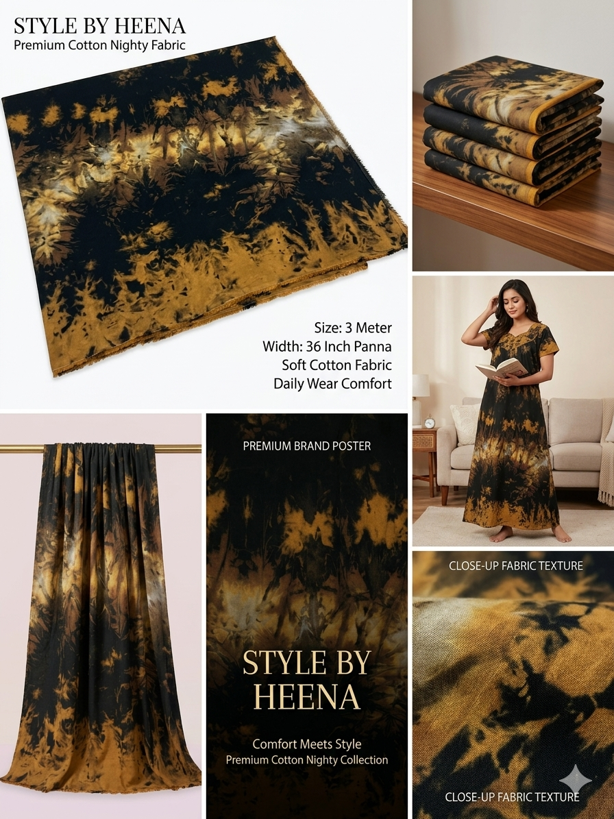 Ochre Yellow and Black Shibori cotton nighty fabric