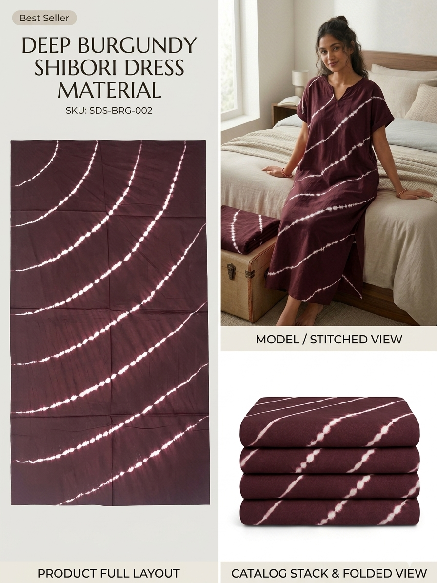 STYLE BY HEENA Wine Burgundy Shibori Cotton Nighty Fabric for Women | 3 Meter Unstitched Dress Material