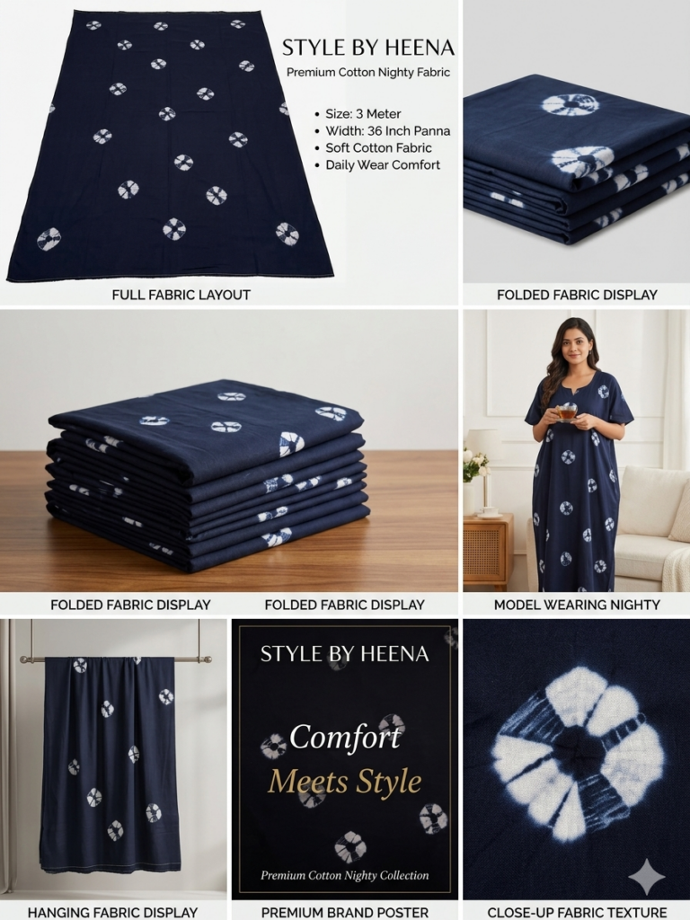 STYLE BY HEENA Indigo Blue Bandhej Dot Shibori Cotton Nighty Fabric for Women | 3 Meter Unstitched Dress Material
