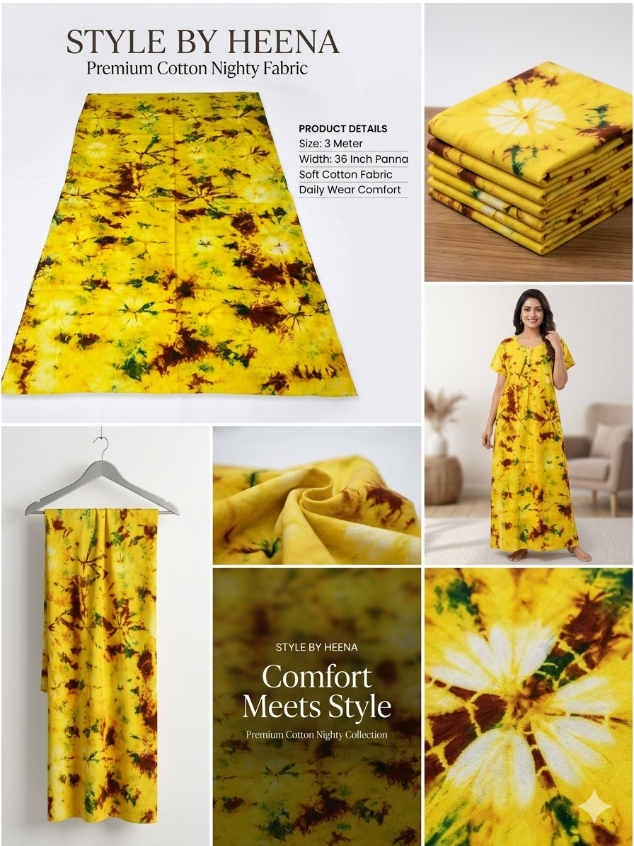 STYLE BY HEENA Mustard Yellow Floral Cotton Nighty Fabric for Women | 3 Meter Unstitched Dress Material