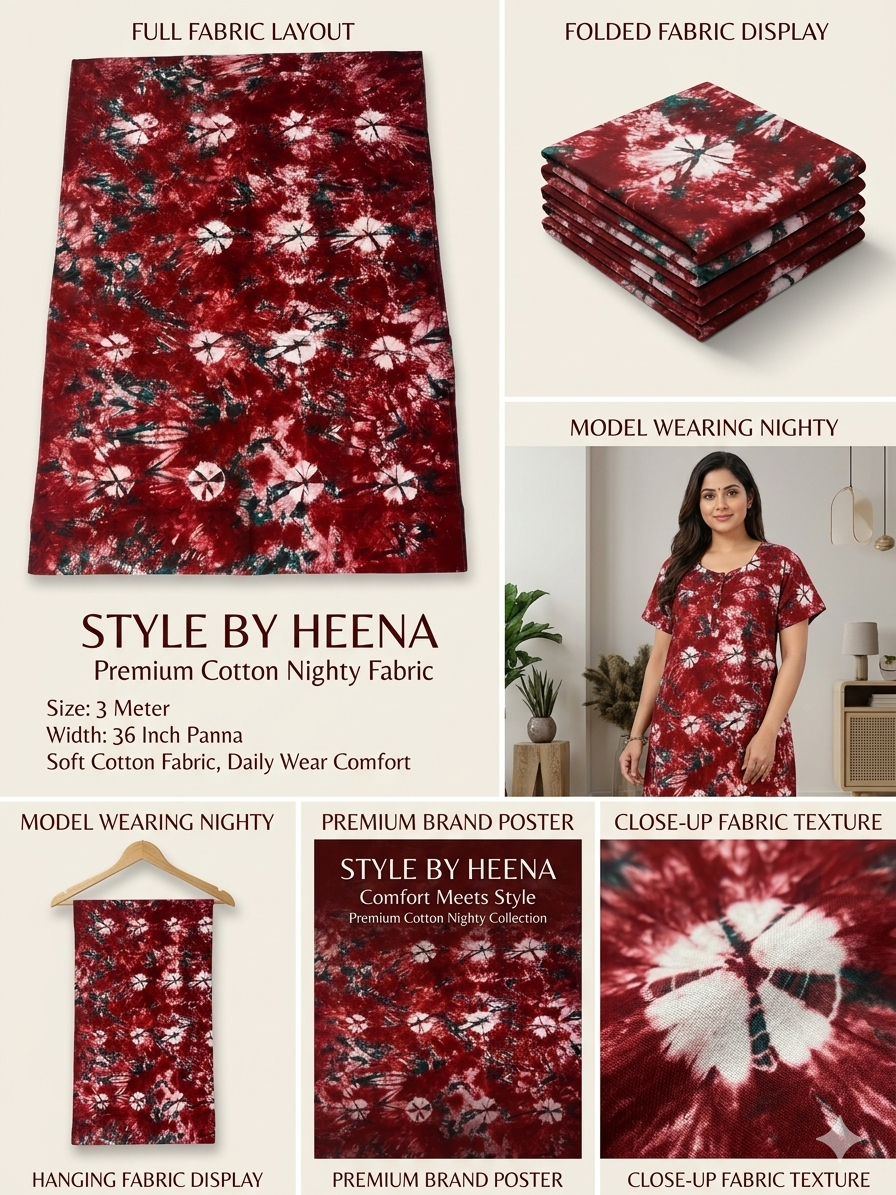 STYLE BY HEENA Maroon Floral Shibori Cotton Nighty Fabric for Women | 3 Meter Unstitched Dress Material