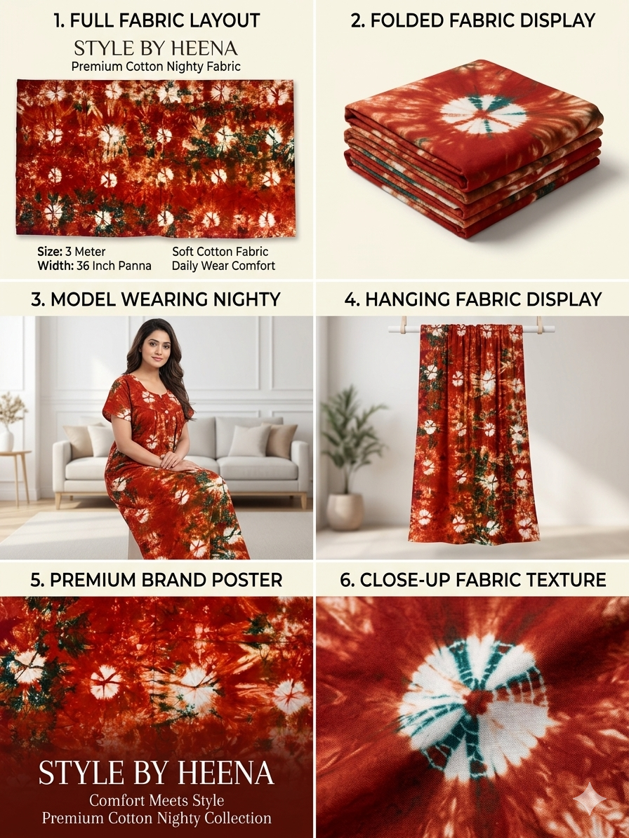 STYLE BY HEENA Rust Orange Shibori Cotton Nighty Fabric for Women | 3 Meter Unstitched Dress Material - Image 2