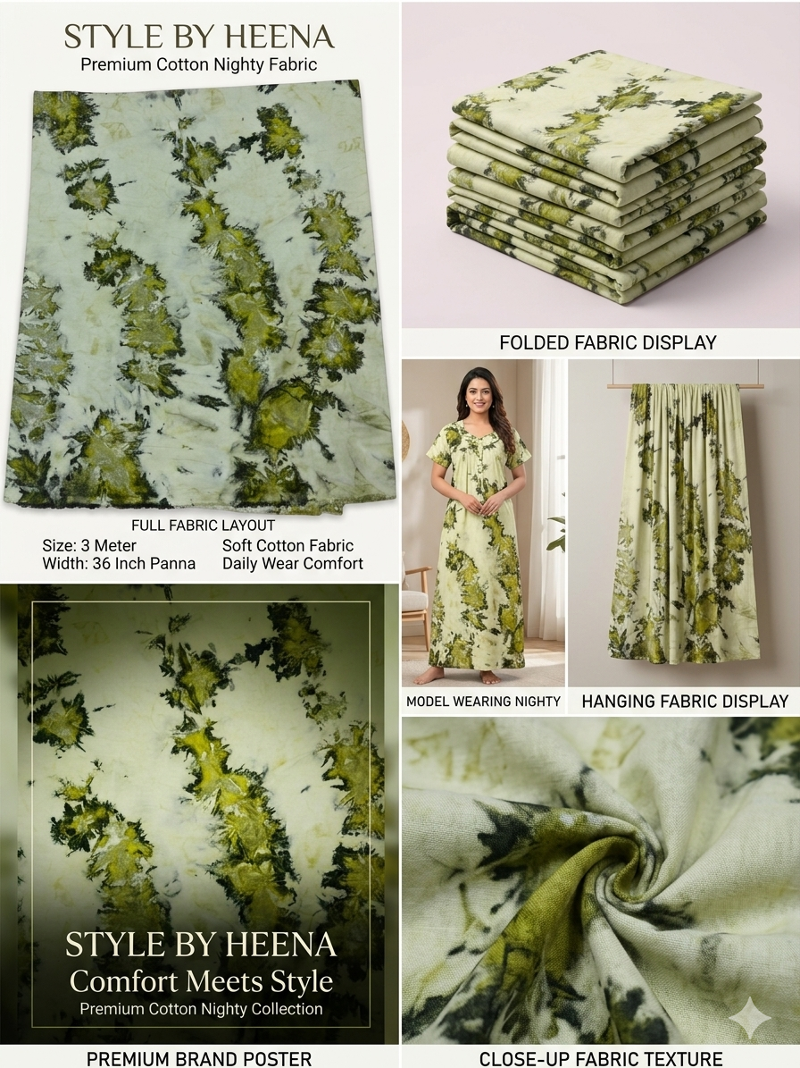 STYLE BY HEENA Olive Green Shibori Cotton Nighty Fabric for Women | 3 Meter Unstitched Dress Material - Image 2